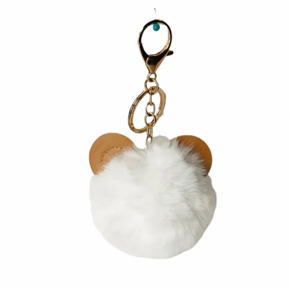 White Plush Pom Pom Cute Bear Faux Leather Keychain - Picture 3 of 3